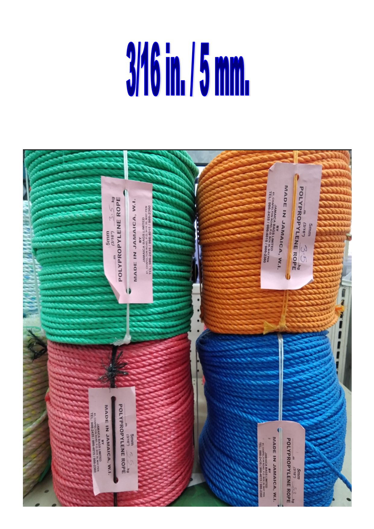Solid Colour 3/16 in. Twisted Polypropylene Rope Sold Per Kilogram
