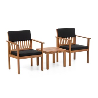 3 pc. Wood Natural Finish Black Cushions Conversation Patio Set 2 pc
